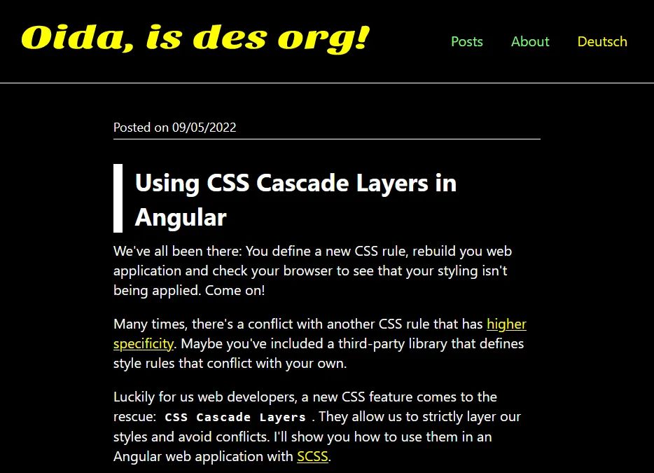A sub page of 'Oida, is des org' with forced colors mode active.
