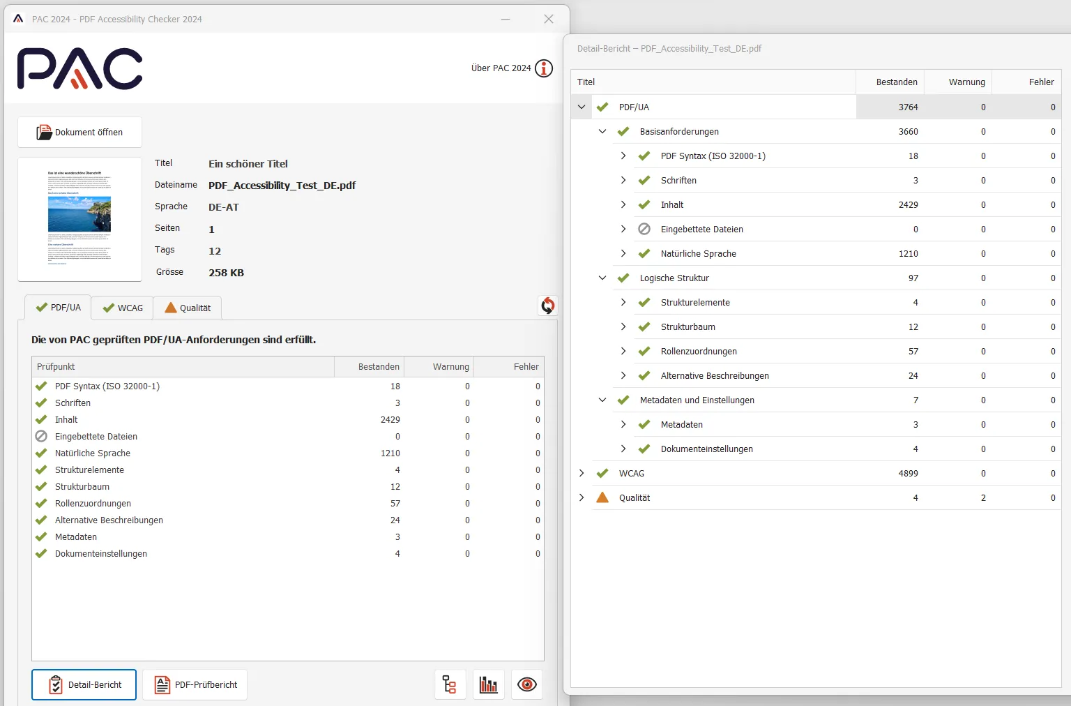 Result of the accessibility check of a PDF document with the PAC 2024.