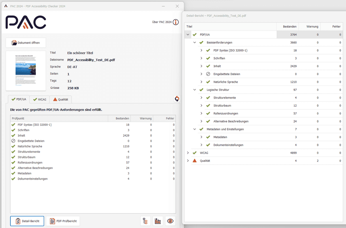 Ergebnis der Barrierefreiheits-Prüfung eines PDF-Dokuments mit dem PAC 2024.